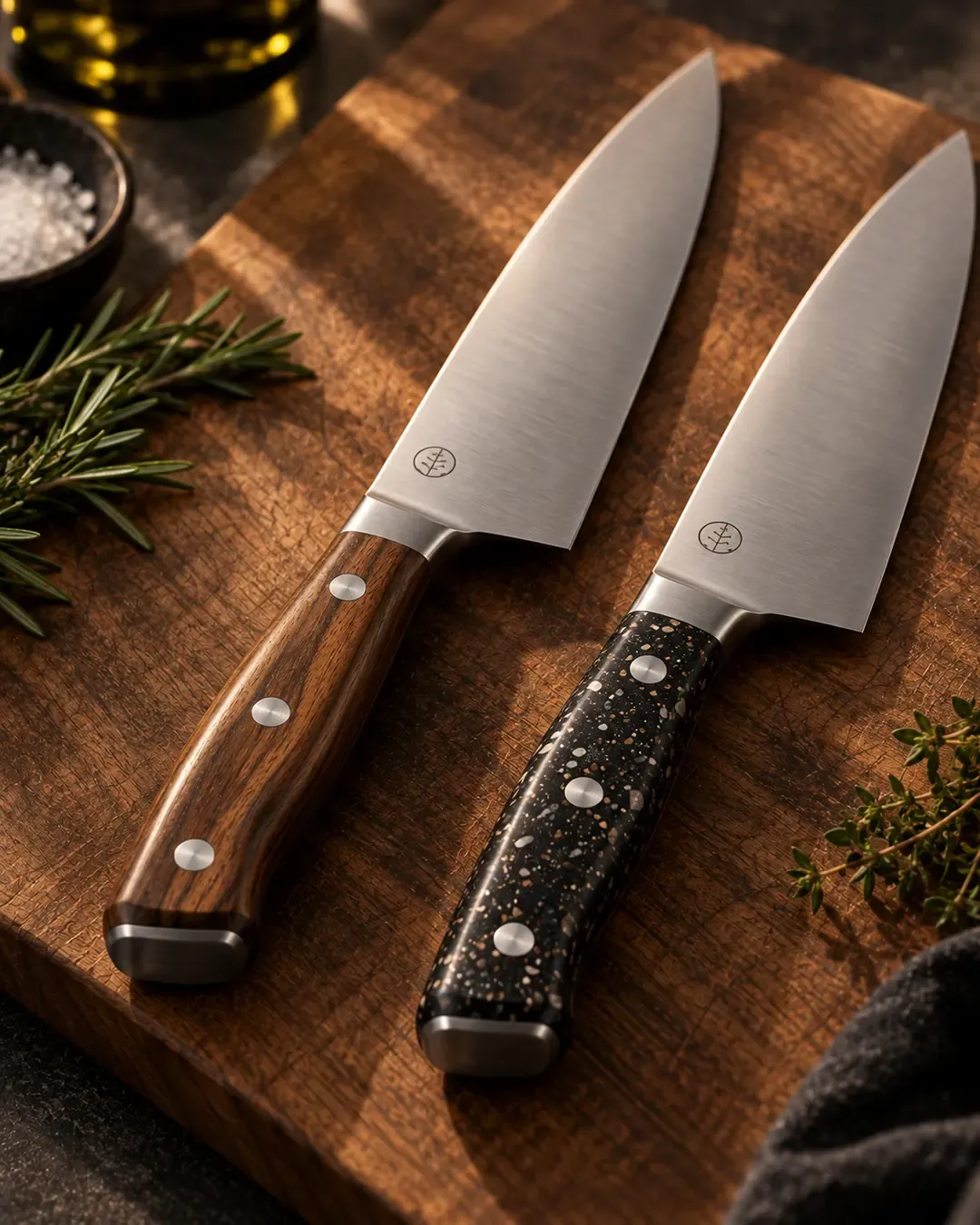Two chef knives, the old wooden handle and the new composite handle