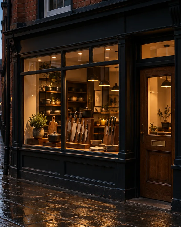 A small kitchenware shop front at dusk